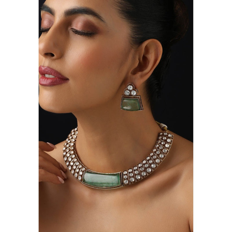 SWABHIMANN Mint Green Polki Hasli Necklace with Earrings