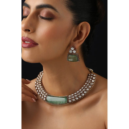 SWABHIMANN Mint Green Polki Hasli Necklace with Earrings