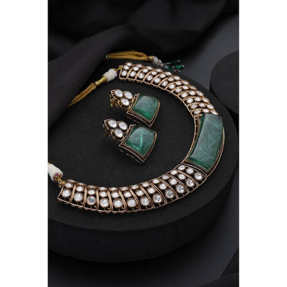 SWABHIMANN Mint Green Polki Hasli Necklace with Earrings