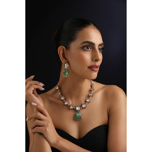 SWABHIMANN Mint Green Polki Hasli Necklace with Earrings