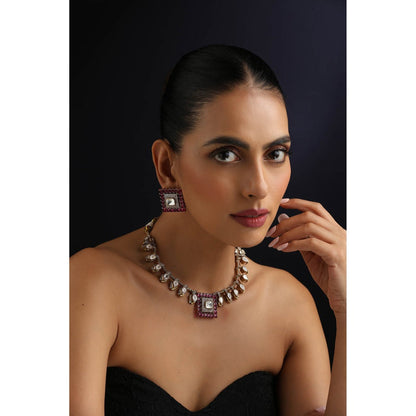 SWABHIMANN Ruby Polki Hasli Purple Necklace with Earrings