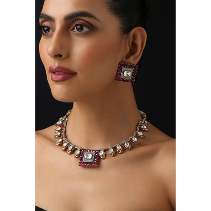 SWABHIMANN Ruby Polki Hasli Purple Necklace with Earrings