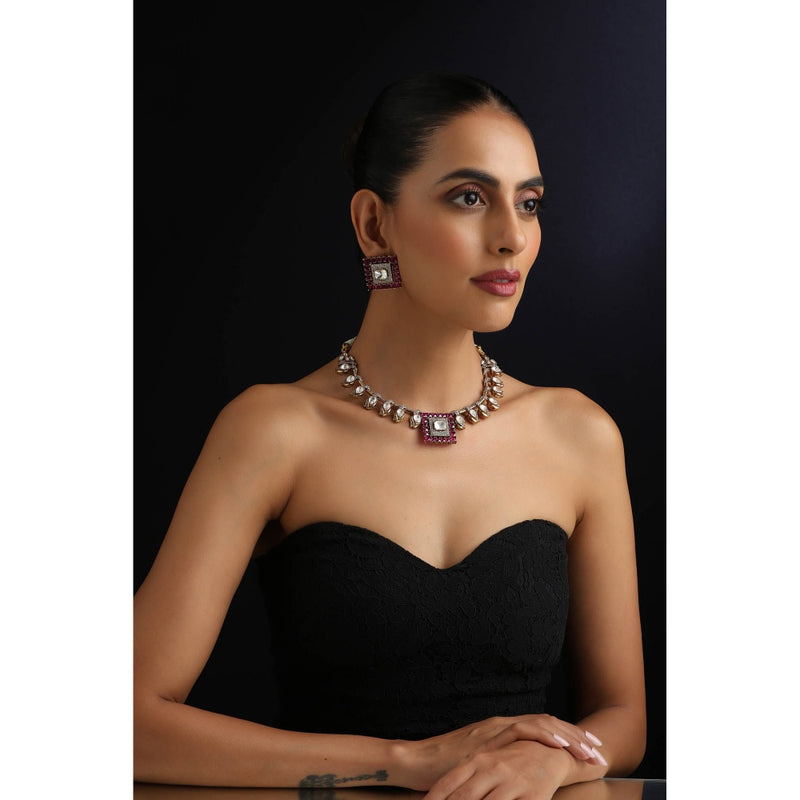 SWABHIMANN Ruby Polki Hasli Purple Necklace with Earrings