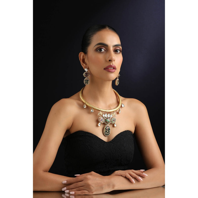 SWABHIMANN Multi-Color Polki Hasli Necklace with Earrings