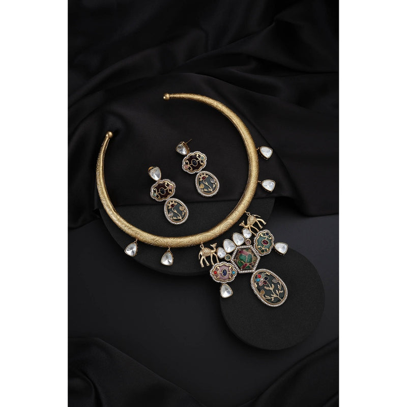 SWABHIMANN Multi-Color Polki Hasli Necklace with Earrings