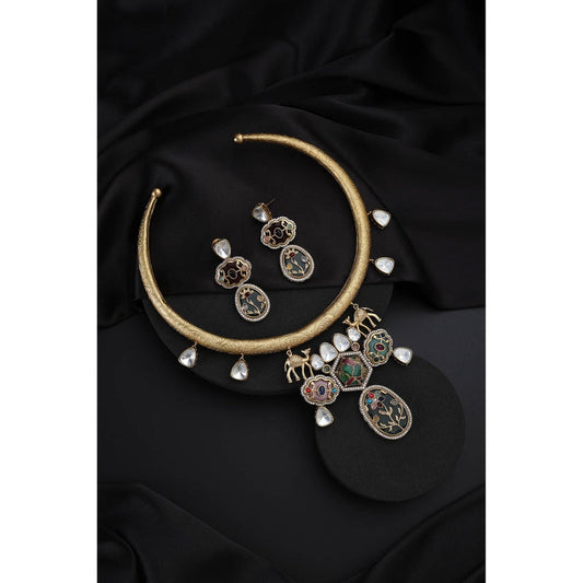 SWABHIMANN Multi-Color Polki Hasli Necklace with Earrings