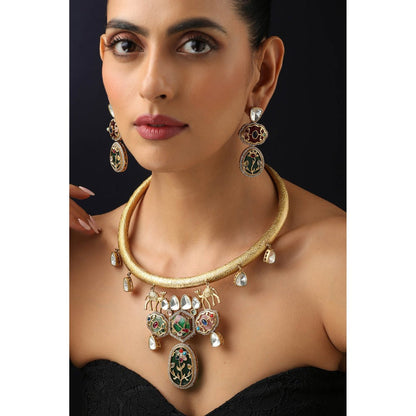 SWABHIMANN Multi-Color Polki Hasli Necklace with Earrings