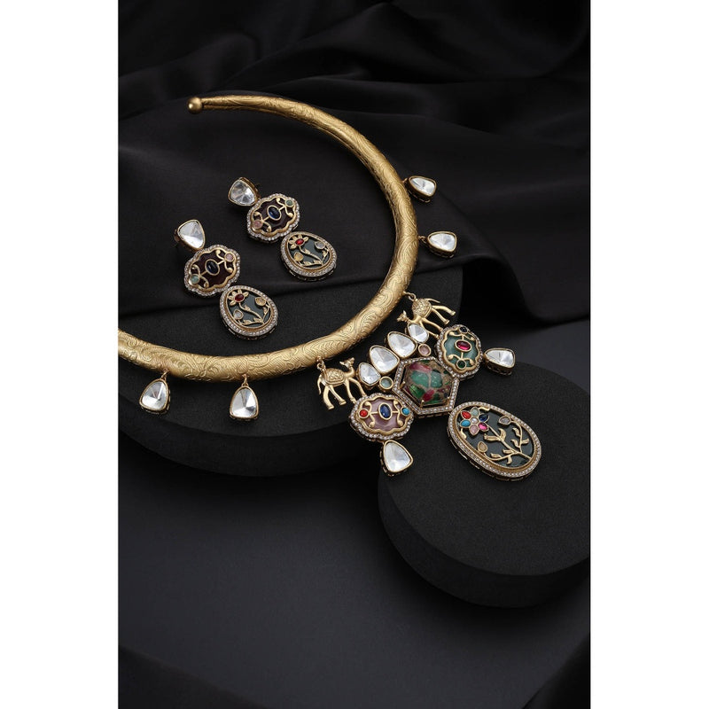 SWABHIMANN Multi-Color Polki Hasli Necklace with Earrings