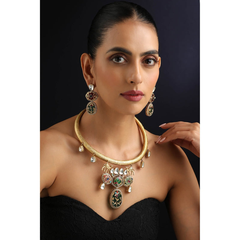 SWABHIMANN Multi-Color Polki Hasli Necklace with Earrings