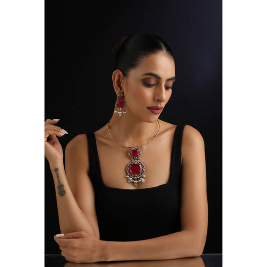 SWABHIMANN Ruby Polki Hasli Red Necklace with Earrings