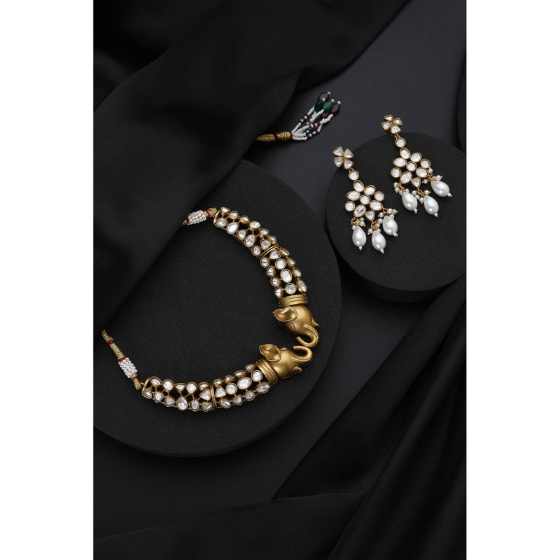 SWABHIMANN Gold Polki Hasli White Necklace with Earrings