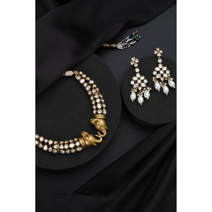 SWABHIMANN Gold Polki Hasli White Necklace with Earrings