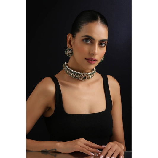 SWABHIMANN Emerald Polki Multi-Color Choker Necklace with Earrings