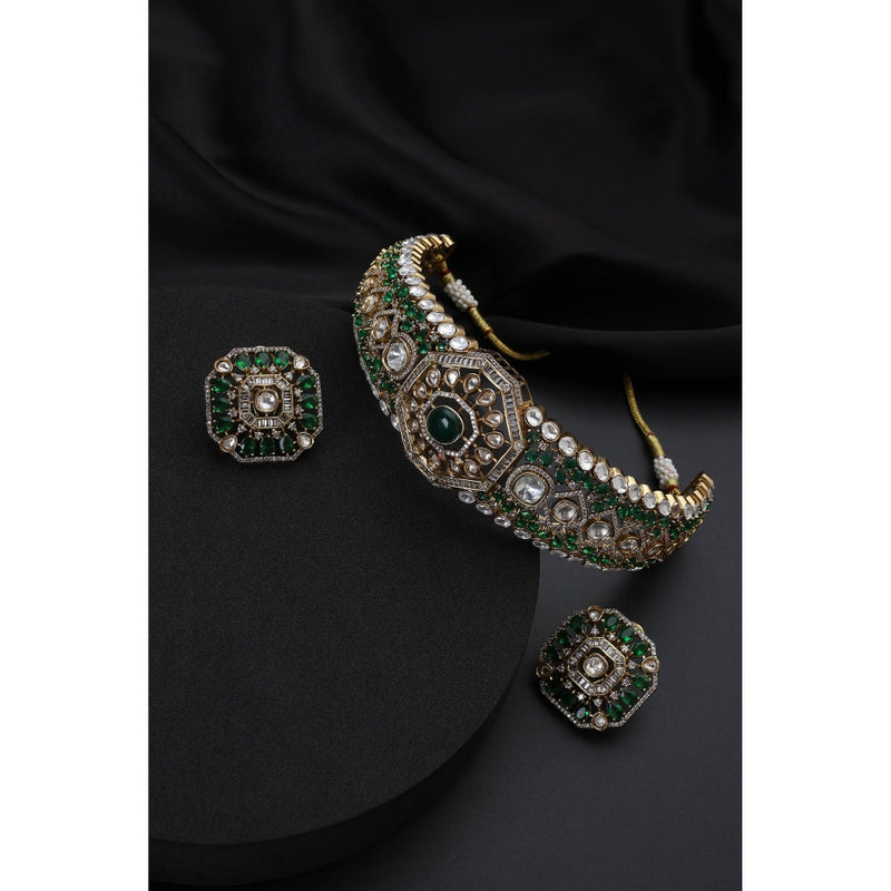 SWABHIMANN Emerald Polki Multi-Color Choker Necklace with Earrings