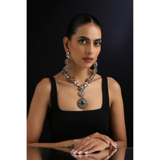 SWABHIMANN Multi-Color Polki Long Necklace with Earrings
