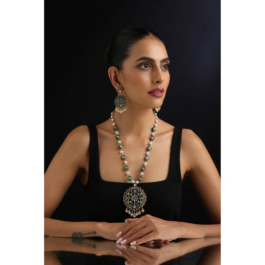 SWABHIMANN Multi-Color Polki Inlay Long Necklace with Earrings