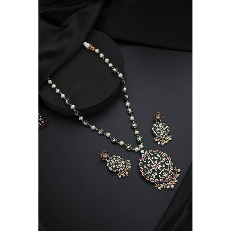 SWABHIMANN Multi-Color Polki Inlay Long Necklace with Earrings
