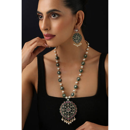 SWABHIMANN Multi-Color Polki Inlay Long Necklace with Earrings