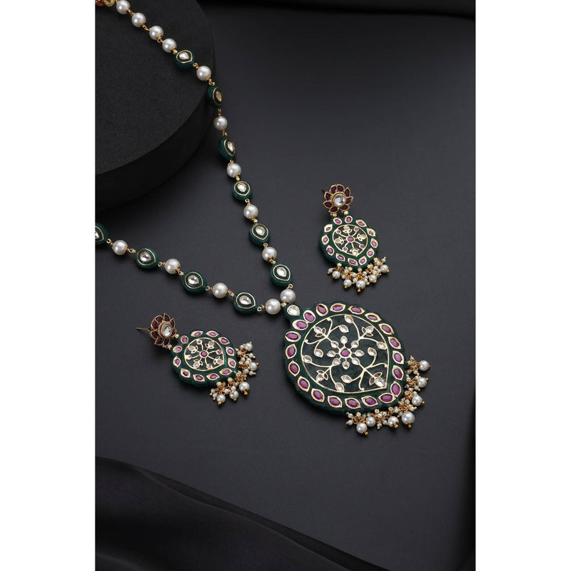 SWABHIMANN Multi-Color Polki Inlay Long Necklace with Earrings