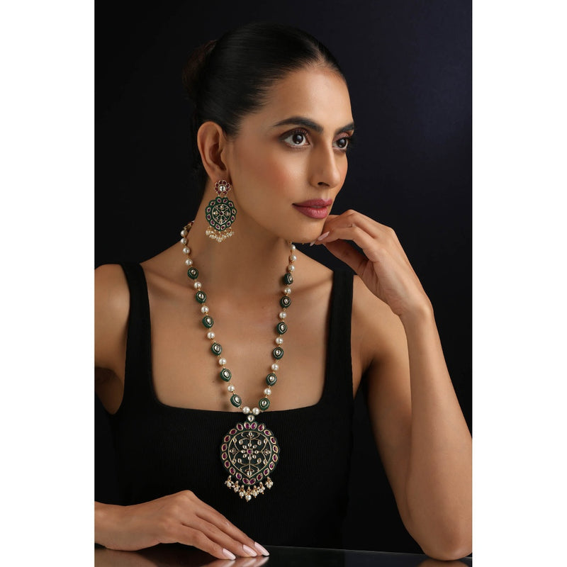 SWABHIMANN Multi-Color Polki Inlay Long Necklace with Earrings