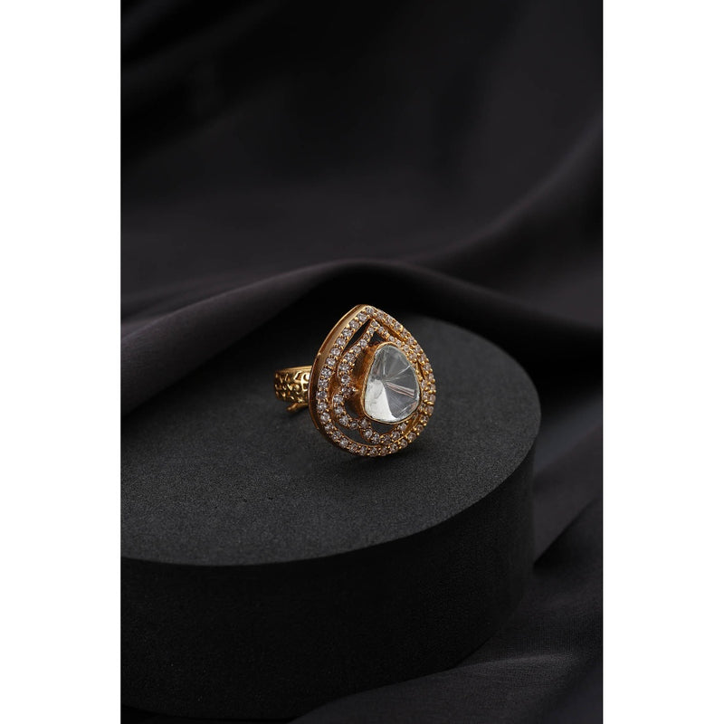 SWABHIMANN Gold Polki White Adjustable Ring