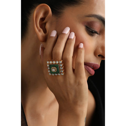 SWABHIMANN Green Kundan Adjustable Ring