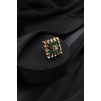 SWABHIMANN Green Kundan Adjustable Ring