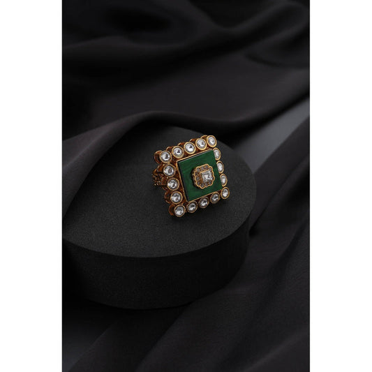 SWABHIMANN Green Kundan Adjustable Ring