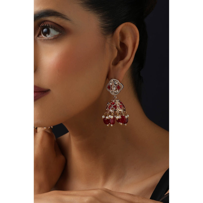 SWABHIMANN Red Polki Jhumka Earrings