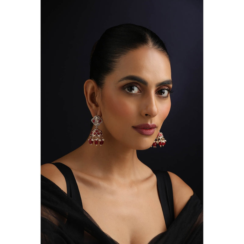 SWABHIMANN Red Polki Jhumka Earrings