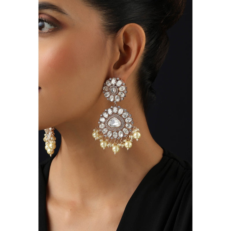 SWABHIMANN White Polki and Pearls Dangler Earrings