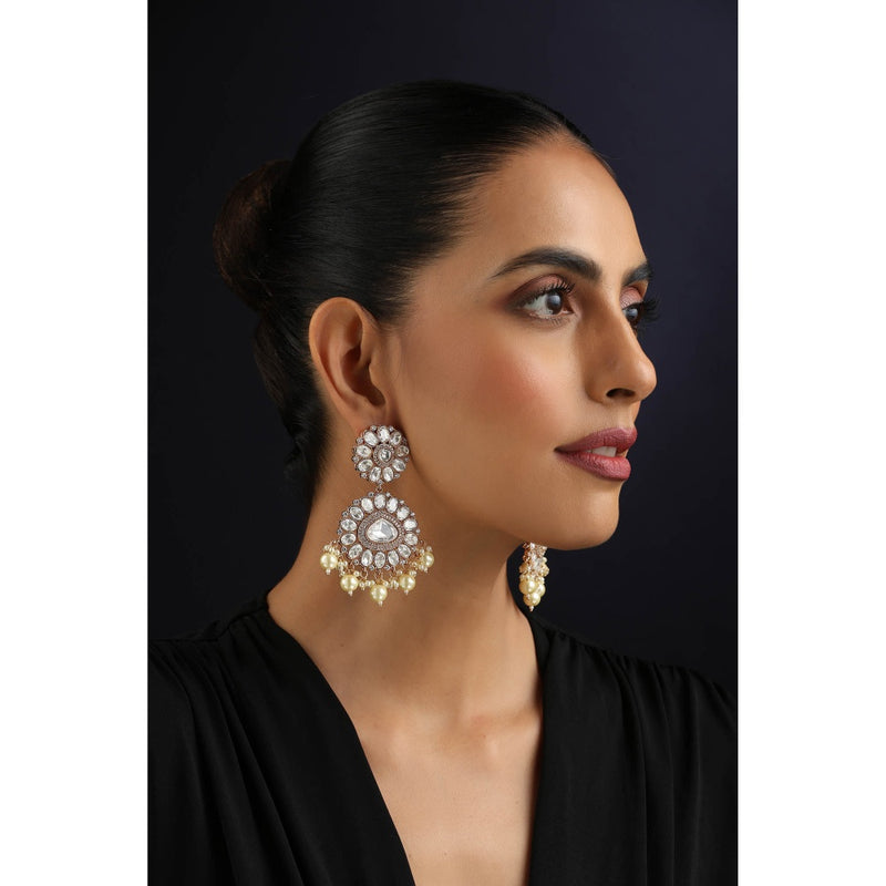 SWABHIMANN White Polki and Pearls Dangler Earrings