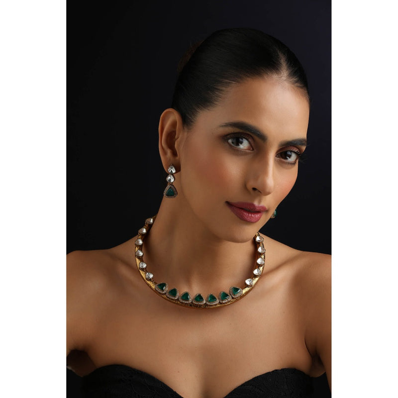 SWABHIMANN Green Polki Hasli Necklace with Earrings
