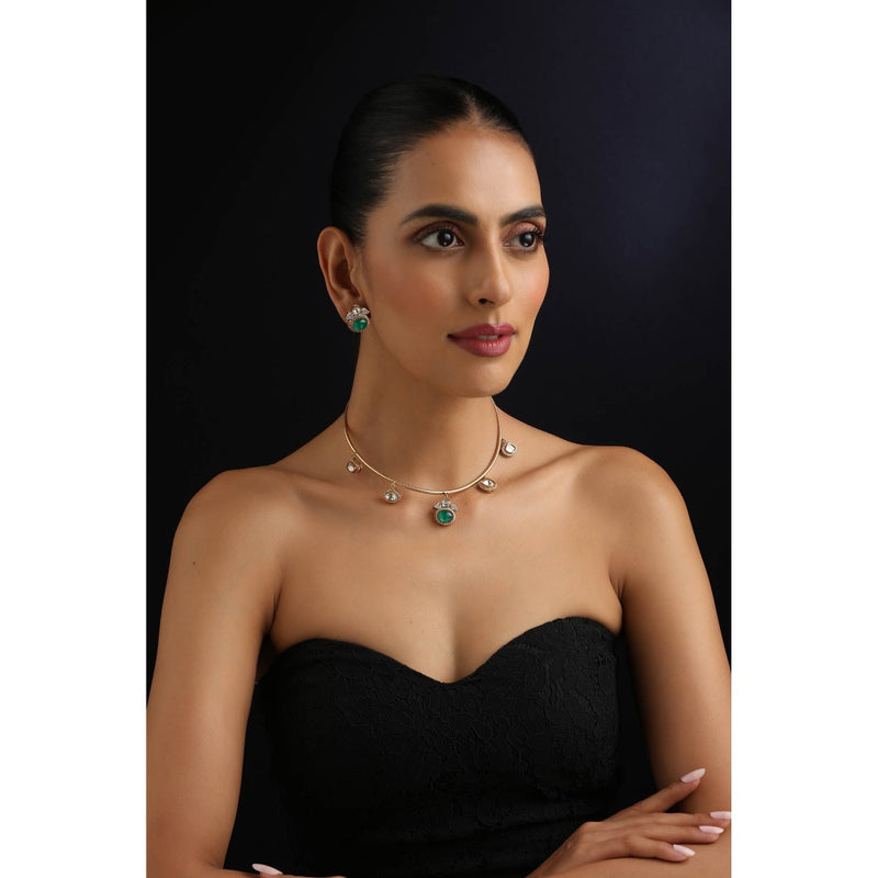 SWABHIMANN Emerald Hasli Necklace with Earrings - Green