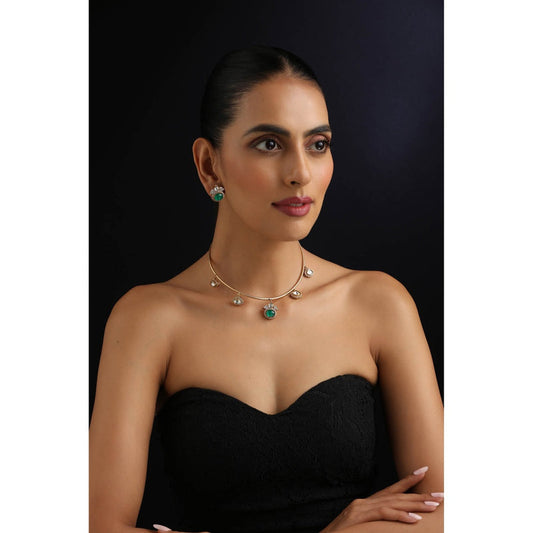 SWABHIMANN Emerald Hasli Necklace with Earrings - Green