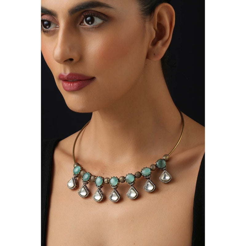 SWABHIMANN Multi-Color Polki Hasli Necklace with Earrings