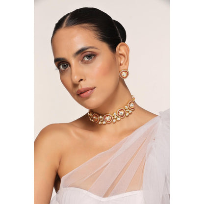 SWABHIMANN White Gold Plated Polka Choker with Earnings
