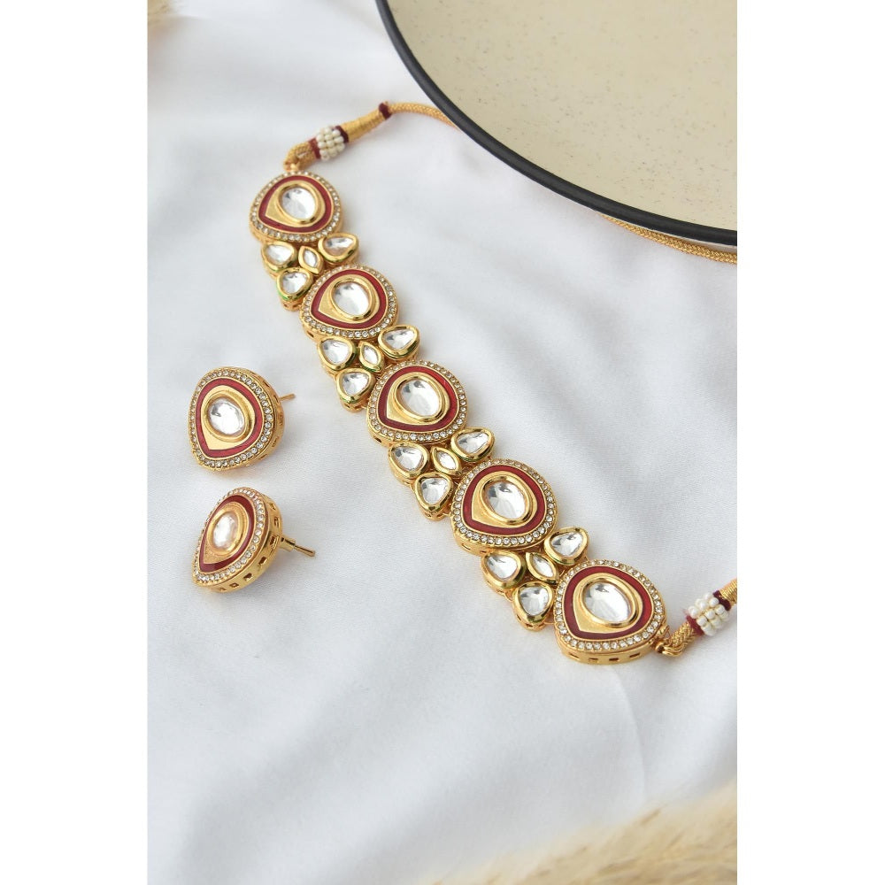 SWABHIMANN White Gold Plated Polka Choker with Earnings