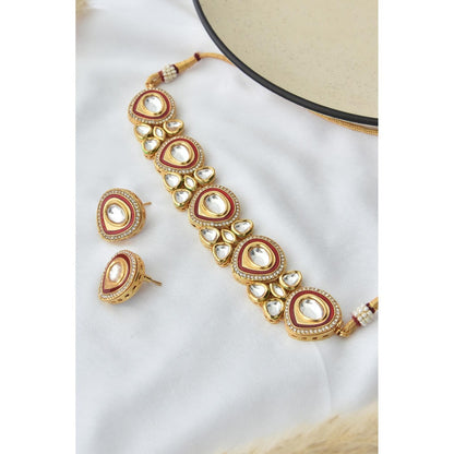 SWABHIMANN White Gold Plated Polka Choker with Earnings