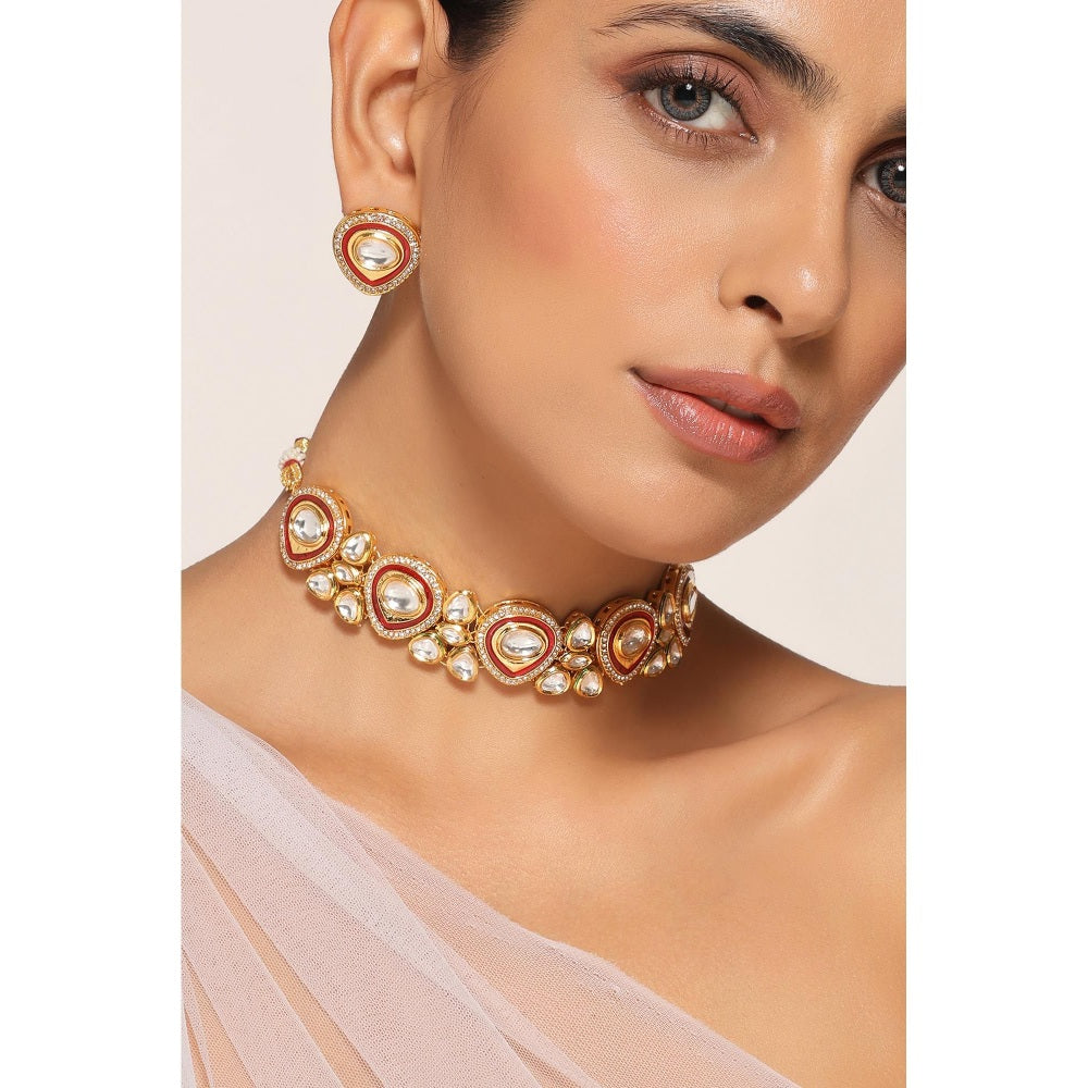 SWABHIMANN White Gold Plated Polka Choker with Earnings