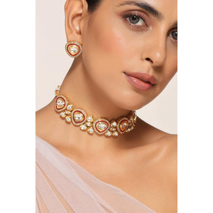 SWABHIMANN White Gold Plated Polka Choker with Earnings