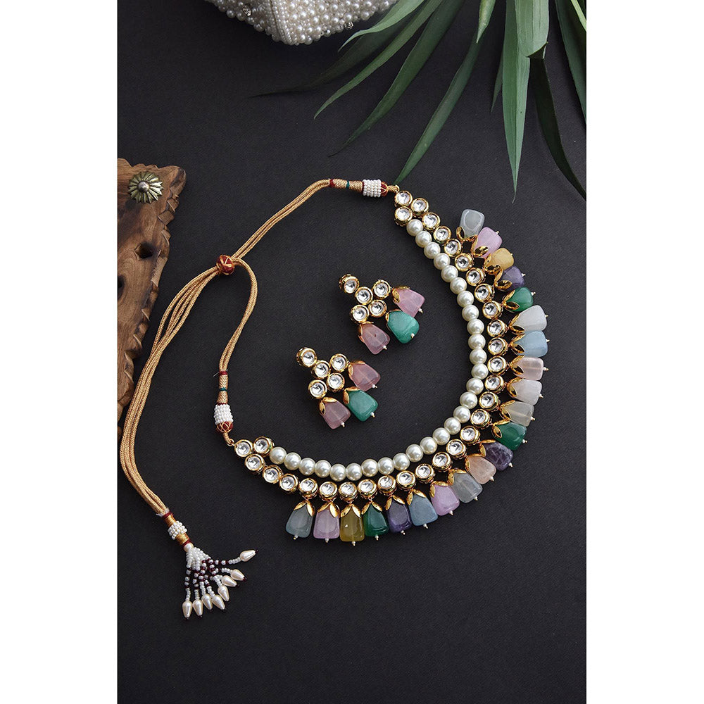 SWABHIMANN Multicolour Gold Plated Kundan Choker with Earnings