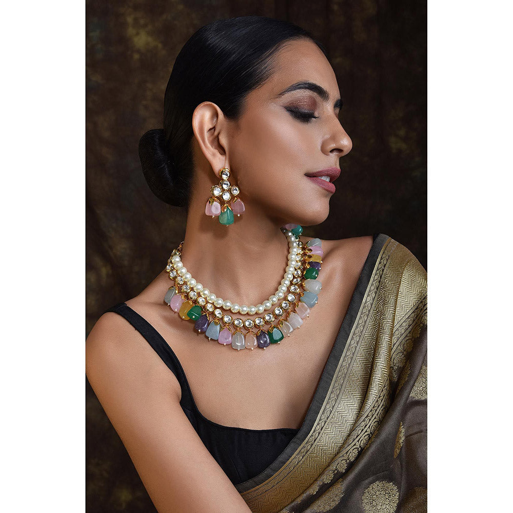 SWABHIMANN Multicolour Gold Plated Kundan Choker with Earnings