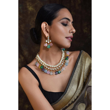SWABHIMANN Multicolour Gold Plated Kundan Choker with Earnings