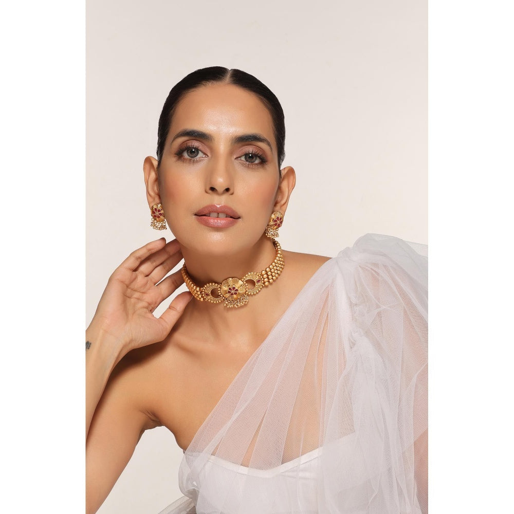 SWABHIMANN Red Gold Plated Temple Choker with Earnings