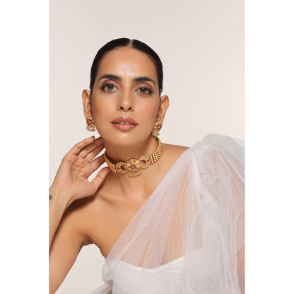 SWABHIMANN Red Gold Plated Temple Choker with Earnings