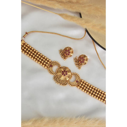 SWABHIMANN Red Gold Plated Temple Choker with Earnings
