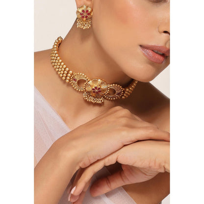 SWABHIMANN Red Gold Plated Temple Choker with Earnings