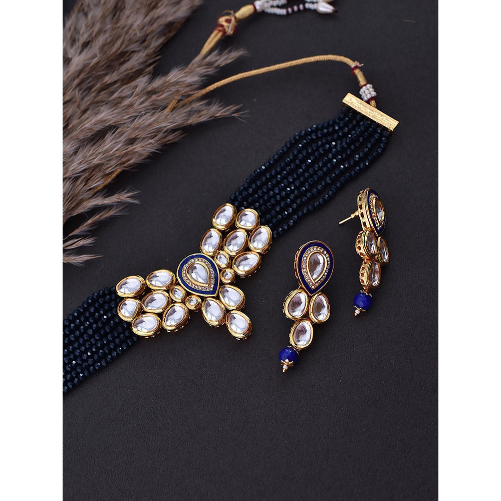 SWABHIMANN White Gold Plated Kundan Choker with Earnings