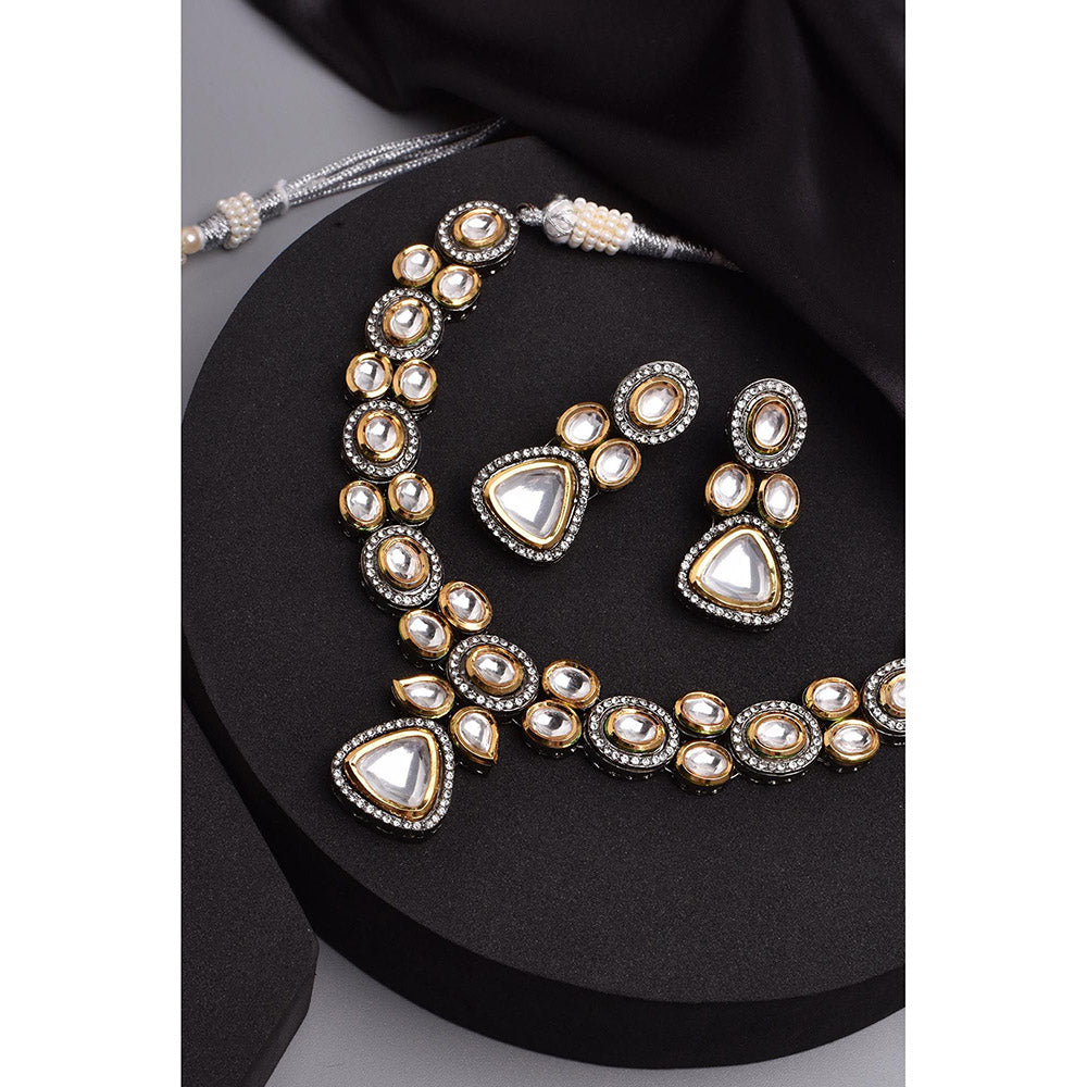 SWABHIMANN White Two Tone Gold Plated Kundan Choker with Earnings'